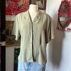 impressions green short sleeve button up blouse
